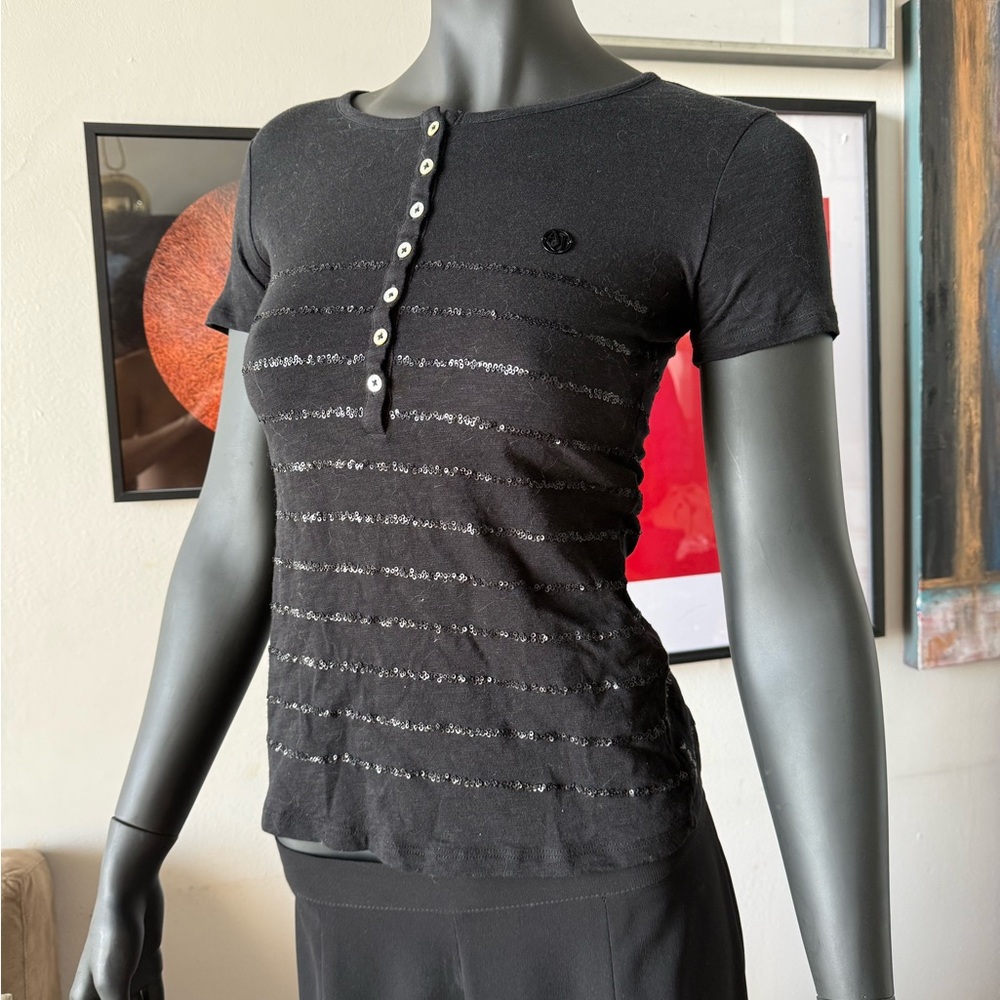 Armani Jeans Black Sequin Stripe Tee